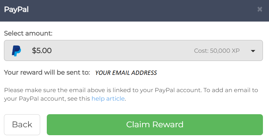 PayPal redemption form